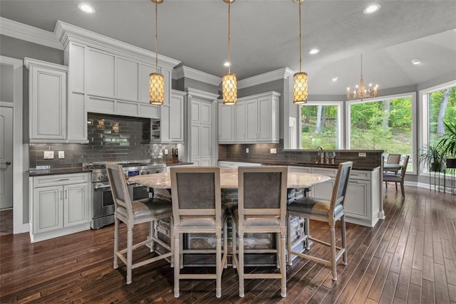 301 Chinquapin Ln, Marshall, PA 15090 - kitchen featuring high end stove, a sink, recessed lighting, crown molding, and tasteful backsplash