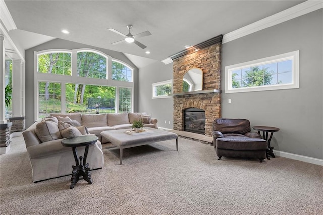 301 Chinquapin Ln, Marshall, PA 15090 - carpeted living room with a stone fireplace, ceiling fan, plenty of natural light, lofted ceiling, and crown molding