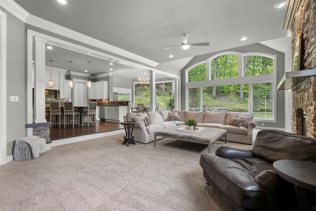 301 Chinquapin Ln, Marshall, PA 15090 - living room with ceiling fan, crown molding, dark colored carpet, recessed lighting, and a fireplace