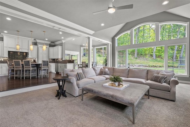 301 Chinquapin Ln, Marshall, PA 15090 - carpeted living area featuring plenty of natural light, a ceiling fan, recessed lighting, ornamental molding, and a sink