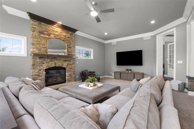 301 Chinquapin Ln, Marshall, PA 15090 - living area with carpet flooring, ceiling fan, crown molding, a stone fireplace, and recessed lighting