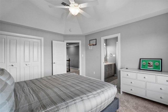 301 Chinquapin Ln, Marshall, PA 15090 - bedroom with a closet, carpet floors, a ceiling fan, ensuite bathroom, and vaulted ceiling