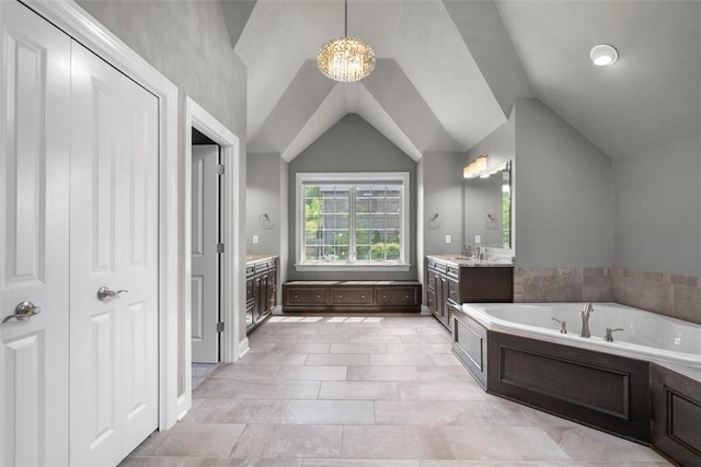 301 Chinquapin Ln, Marshall, PA 15090 - full bathroom with vanity, a bath, vaulted ceiling, and a chandelier