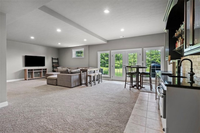 301 Chinquapin Ln, Marshall, PA 15090 - living area featuring light carpet, recessed lighting, baseboards, french doors, and light tile patterned floors
