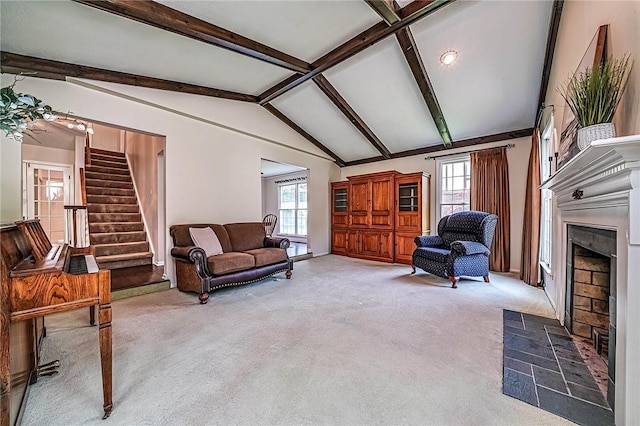 108 Vanita Dr, Moon/Crescent Twp, PA 15108 - living room featuring a fireplace, stairs, carpet floors, and baseboards