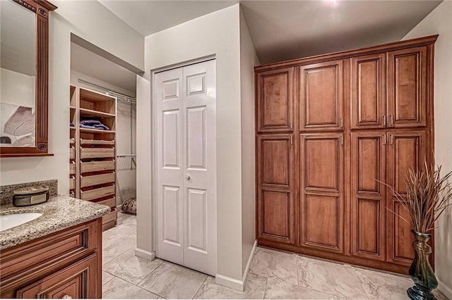 108 Vanita Dr, Moon/Crescent Twp, PA 15108 - bathroom featuring marble finish flooring, vanity, and baseboards