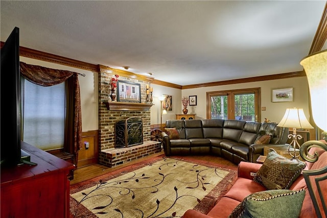 510 Fair Vista Ct, Pine Twp Nal, PA 15090 - living area with wood finished floors, crown molding, a brick fireplace, and wainscoting