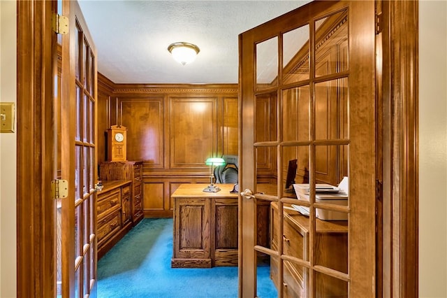 510 Fair Vista Ct, Pine Twp Nal, PA 15090 - office space featuring dark colored carpet, french doors, wooden walls, and a textured ceiling