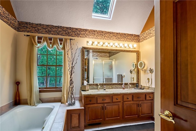 510 Fair Vista Ct, Pine Twp Nal, PA 15090 - bathroom with lofted ceiling, a bath, a stall shower, double vanity, and a textured ceiling