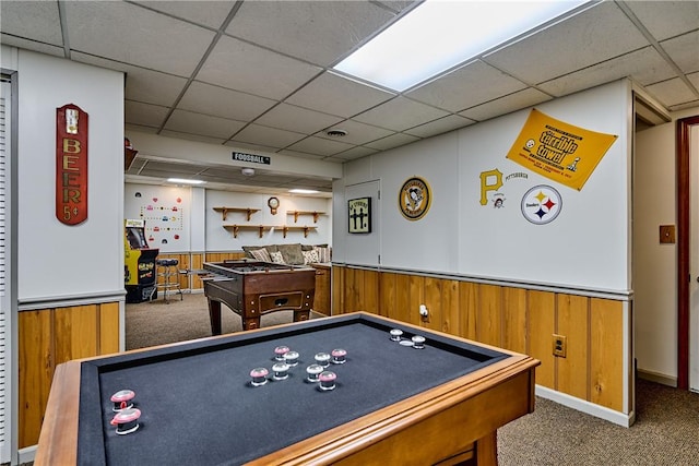 510 Fair Vista Ct, Pine Twp Nal, PA 15090 - game room with carpet floors, a drop ceiling, wood walls, a wainscoted wall, and billiards