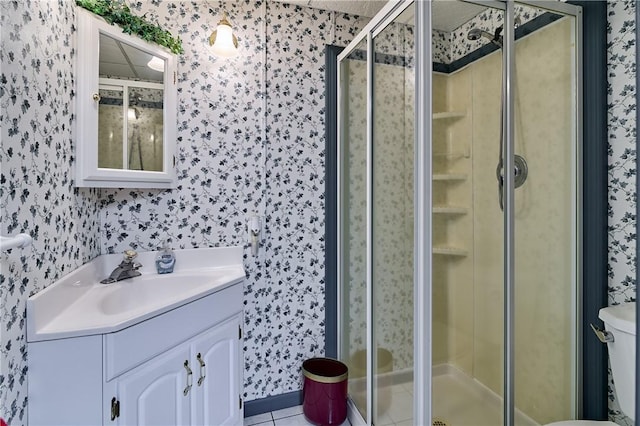 510 Fair Vista Ct, Pine Twp Nal, PA 15090 - bathroom featuring wallpapered walls, vanity, a stall shower, tile patterned flooring, and toilet