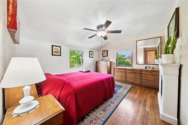 4335 Frank St, Whitehall, PA 15227 - bedroom featuring multiple windows, wood-type flooring, lofted ceiling, and ceiling fan