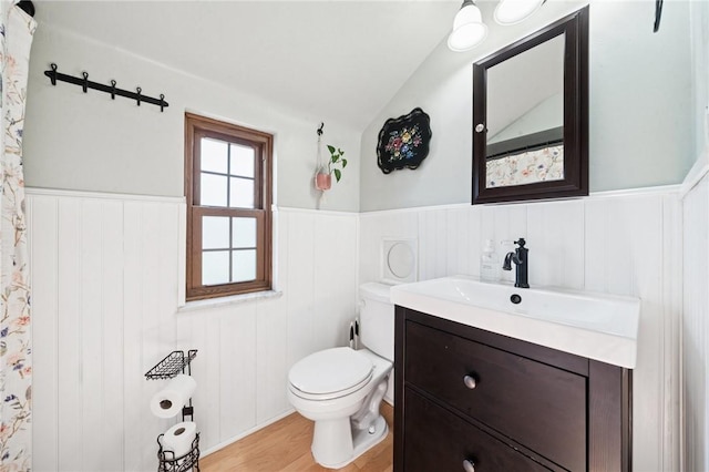 4335 Frank St, Whitehall, PA 15227 - full bathroom featuring toilet, vanity, vaulted ceiling, wood finished floors, and wainscoting