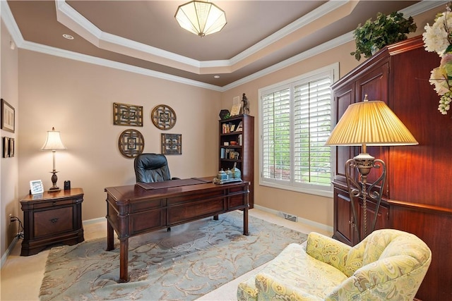 221 Red Oak Dr, Peters Twp, PA 15317 - office area with a tray ceiling, baseboards, crown molding, and light carpet