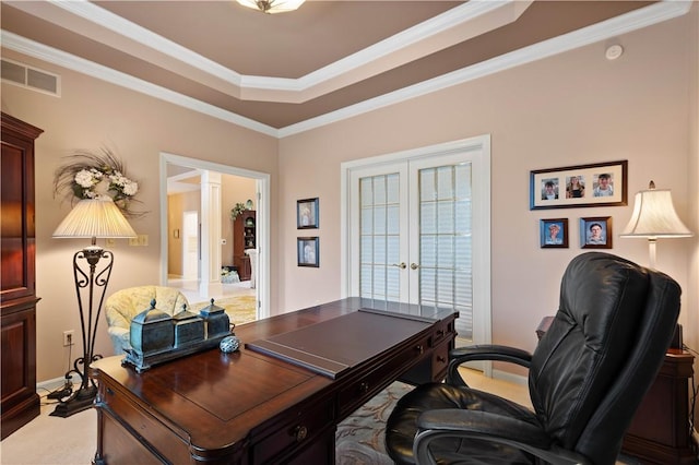 221 Red Oak Dr, Peters Twp, PA 15317 - office with french doors, crown molding, a raised ceiling, carpet flooring, and decorative columns