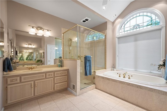 221 Red Oak Dr, Peters Twp, PA 15317 - full bath with tile patterned floors, a bath, vanity, a shower stall, and lofted ceiling
