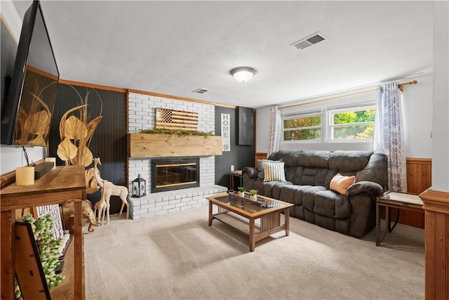 25 Rolling Rd, Cranberry Twp, PA 16066 - living room with carpet flooring, a brick fireplace, wood walls, and wainscoting