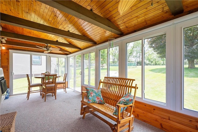 711 Ascension Dr W, West Mifflin, PA 15122 - sunroom featuring a ceiling fan, carpet, wood ceiling, and outdoor dining area