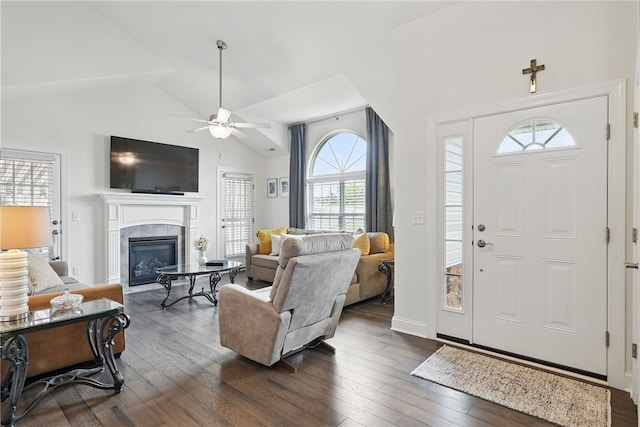 342 Saddlebrook Rd, West Deer, PA 15044 - entryway with healthy amount of natural light, dark wood-style floors, a high end fireplace, high vaulted ceiling, and ceiling fan