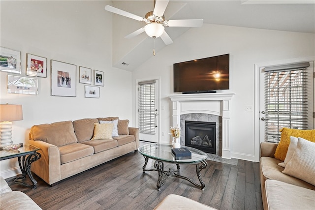 342 Saddlebrook Rd, West Deer, PA 15044 - living room featuring hardwood / wood-style floors, a ceiling fan, a fireplace, high vaulted ceiling, and baseboards