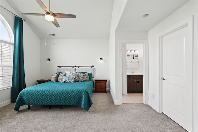 342 Saddlebrook Rd, West Deer, PA 15044 - bedroom featuring carpet floors, baseboards, vaulted ceiling, connected bathroom, and a sink