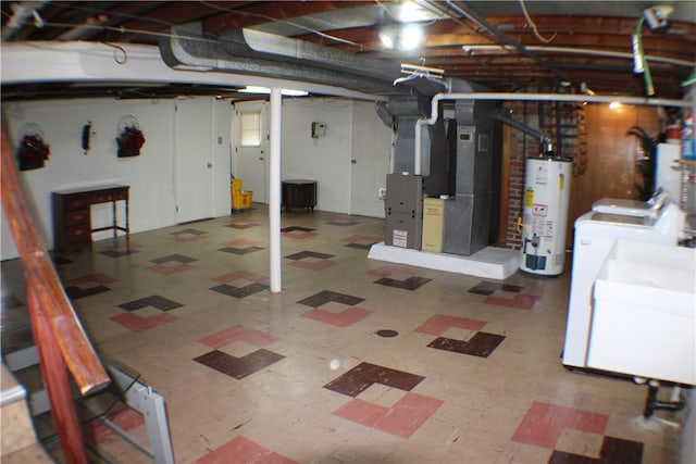 84 Pennsylvania Ave, Monessen, PA 15062 - unfinished basement with water heater, tile patterned floors, washer / clothes dryer, and heating unit