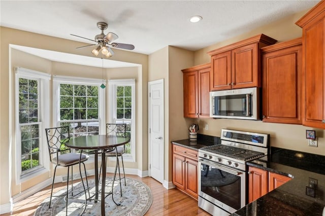 91 Shenot Rd, Marshall, PA 15090 - kitchen featuring stainless steel appliances, a ceiling fan, dark stone counters, baseboards, and brown cabinetry