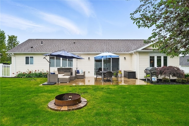 123 Ashley Hill Dr, Mccandless, PA 15090 - rear view of property with an outdoor living space with a fire pit, a patio, roof with shingles, and a lawn