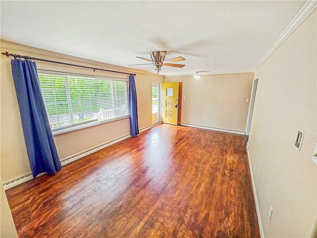 2828 School St, Harmony Twp Bea, PA 15003 - unfurnished room with a ceiling fan, crown molding, a baseboard heating unit, wood finished floors, and baseboards