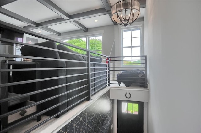 302 Highpointe Dr, Seven Fields Boro, PA 16046 - stairway with a chandelier, beamed ceiling, coffered ceiling, and recessed lighting