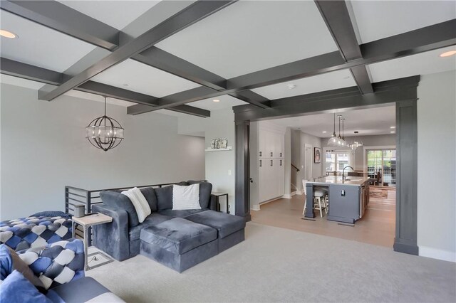 302 Highpointe Dr, Seven Fields Boro, PA 16046 - living area with a chandelier, coffered ceiling, beamed ceiling, recessed lighting, and light carpet
