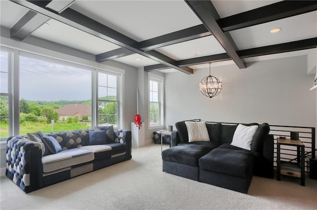 302 Highpointe Dr, Seven Fields Boro, PA 16046 - carpeted living room featuring beamed ceiling, a chandelier, coffered ceiling, and recessed lighting
