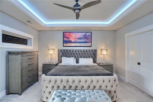 302 Highpointe Dr, Seven Fields Boro, PA 16046 - bedroom featuring a raised ceiling, light colored carpet, crown molding, and a ceiling fan
