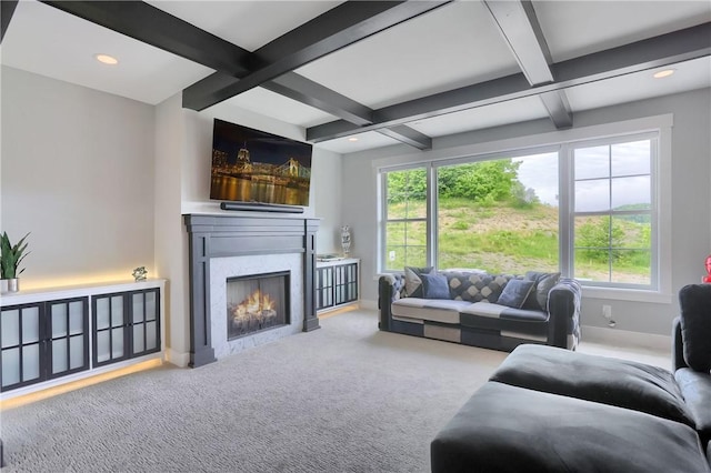 302 Highpointe Dr, Seven Fields Boro, PA 16046 - carpeted living area featuring beam ceiling, coffered ceiling, plenty of natural light, a fireplace, and recessed lighting