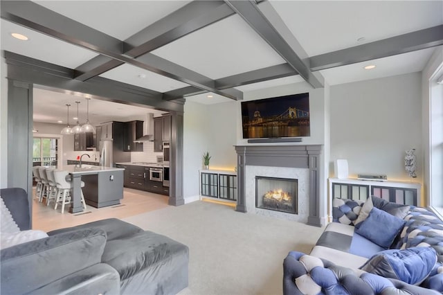 302 Highpointe Dr, Seven Fields Boro, PA 16046 - living area with beam ceiling, coffered ceiling, a premium fireplace, recessed lighting, and light wood finished floors