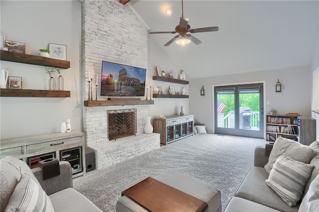 814 Graywyck Dr, Seven Fields Boro, PA 16046 - living area with carpet flooring, high vaulted ceiling, ceiling fan, a brick fireplace, and beam ceiling