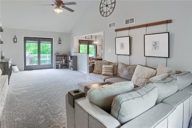 814 Graywyck Dr, Seven Fields Boro, PA 16046 - living room with ceiling fan, high vaulted ceiling, carpet flooring, and baseboards