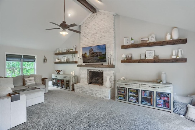 814 Graywyck Dr, Seven Fields Boro, PA 16046 - carpeted living area with a ceiling fan, beam ceiling, a fireplace, and high vaulted ceiling