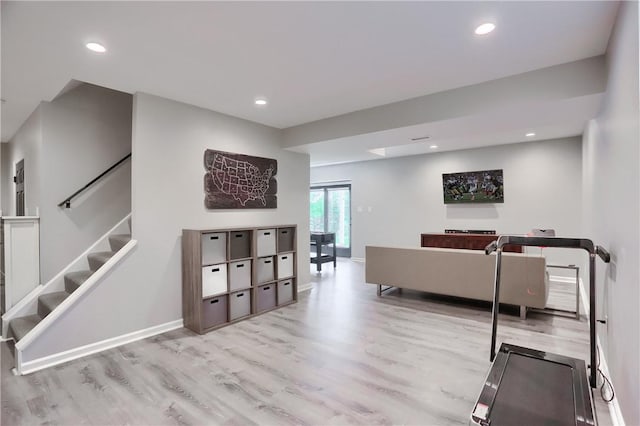 814 Graywyck Dr, Seven Fields Boro, PA 16046 - living room featuring wood finished floors, baseboards, stairway, and recessed lighting