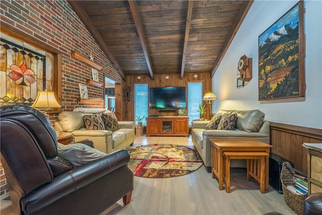 322 Franklin Dr, Peters Twp, PA 15241 - living area featuring wood ceiling, wood finished floors, wooden walls, and brick wall