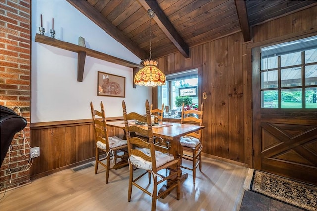 322 Franklin Dr, Peters Twp, PA 15241 - dining area with wooden ceiling, light wood-type flooring, wood walls, and a wainscoted wall