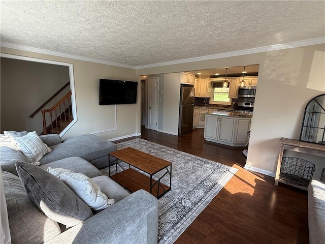 10 Claireview Dr, Scott Twp Sal, PA 15106 - living room with dark wood-style floors, ornamental molding, baseboards, a textured ceiling, and stairs