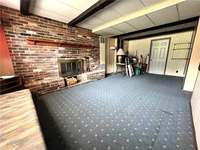 501 Clarendon St, Ohara, PA 15238 - unfurnished living room featuring a brick fireplace, carpet floors, beamed ceiling, and brick wall