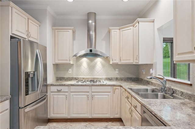 120 Canterbury Ln, Peters Twp, PA 15317 - kitchen with appliances with stainless steel finishes, wall chimney range hood, a sink, light countertops, and decorative backsplash