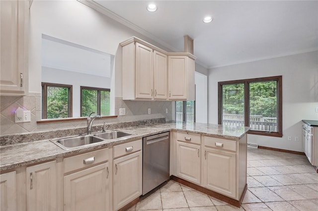 120 Canterbury Ln, Peters Twp, PA 15317 - kitchen with dishwasher, a sink, ornamental molding, a peninsula, and decorative backsplash