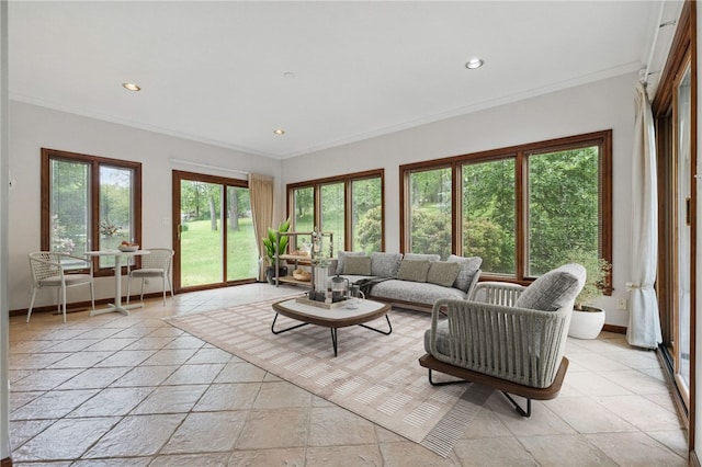 120 Canterbury Ln, Peters Twp, PA 15317 - living room with stone tile flooring, ornamental molding, and recessed lighting