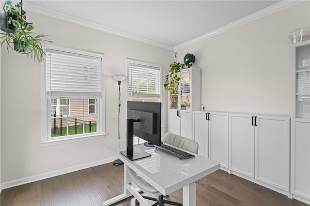 3035 Brookstone Dr, Cecil, PA 15317 - office area featuring crown molding, dark wood-style flooring, and baseboards