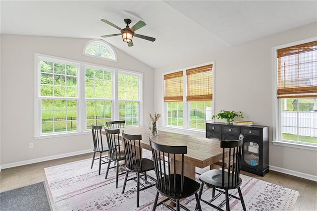 3035 Brookstone Dr, Cecil, PA 15317 - dining room with healthy amount of natural light, ceiling fan, vaulted ceiling, wood finished floors, and baseboards