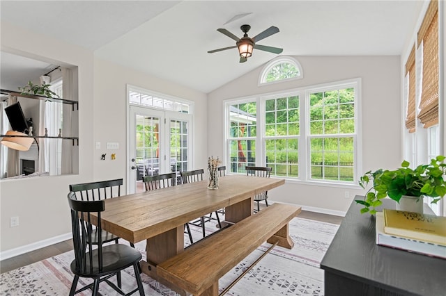 3035 Brookstone Dr, Cecil, PA 15317 - dining space featuring baseboards, ceiling fan, vaulted ceiling, and wood finished floors