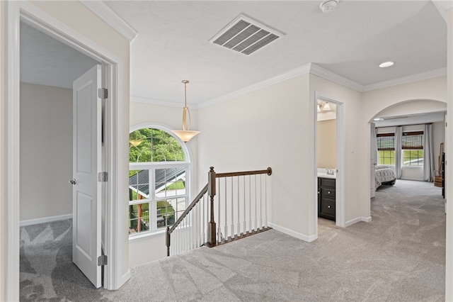 3035 Brookstone Dr, Cecil, PA 15317 - hall with light colored carpet, an upstairs landing, healthy amount of natural light, and crown molding